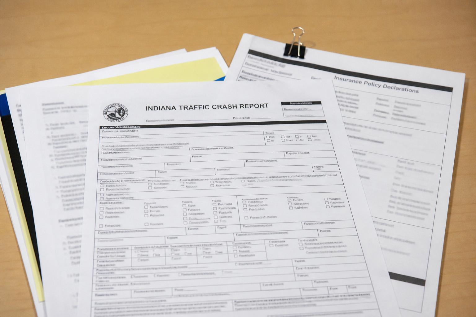 Crash-report and insurance documents illustrating evidence and coverage issues after a Vigo County hit-and-run.