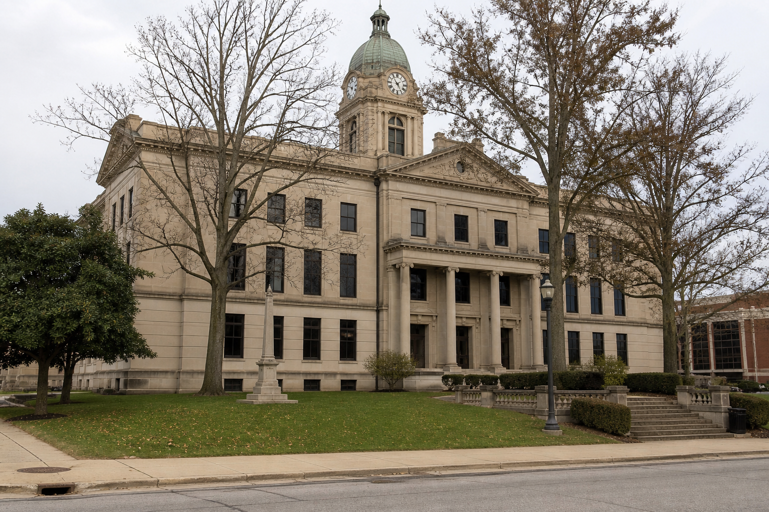 An Indiana county courthouse exterior represents the pending criminal case and civil claim issues connected to the Wells County crash.