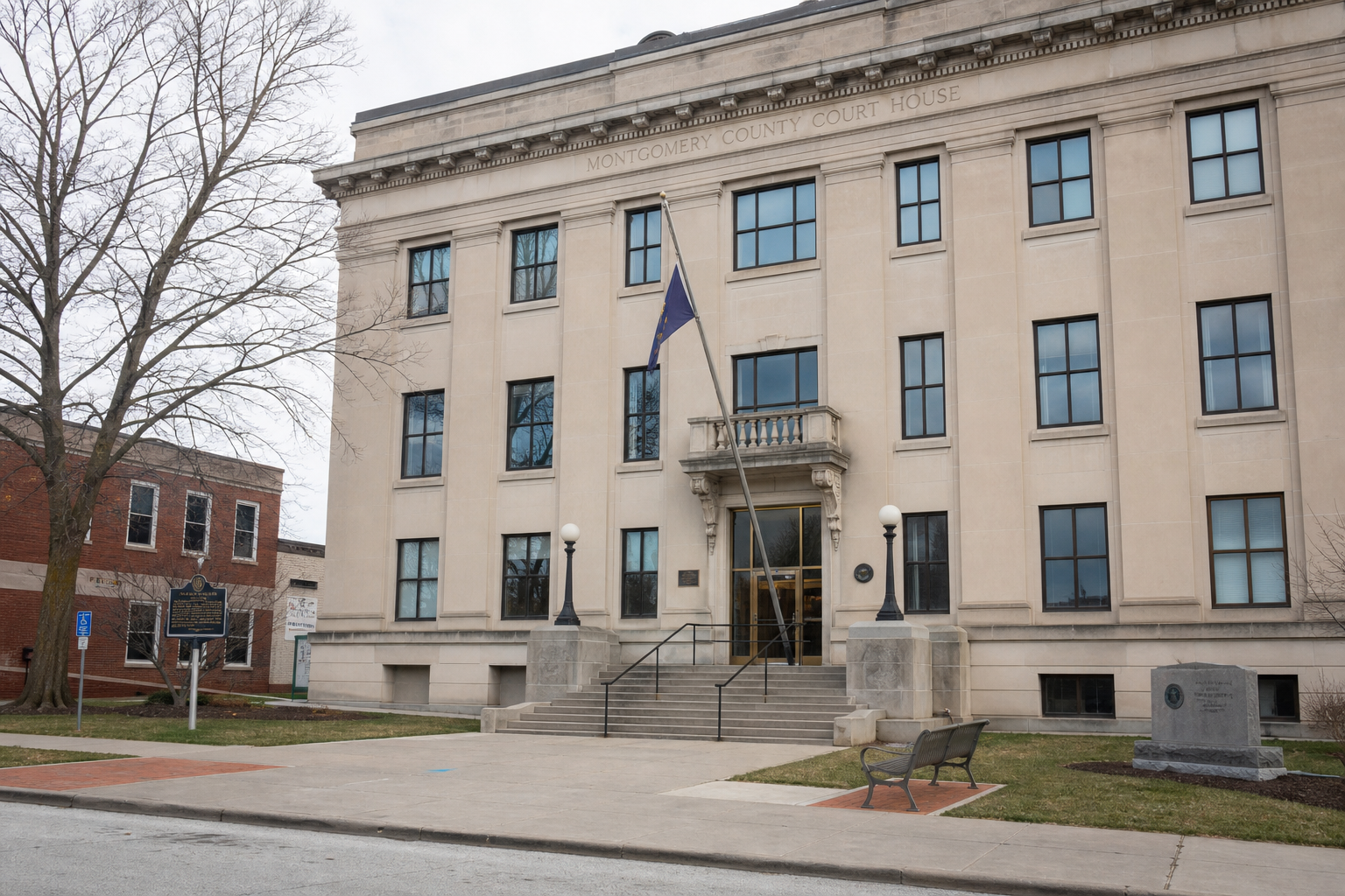 Montgomery County courthouse in Crawfordsville, where Indiana venue and filing rules may affect a workplace death claim.