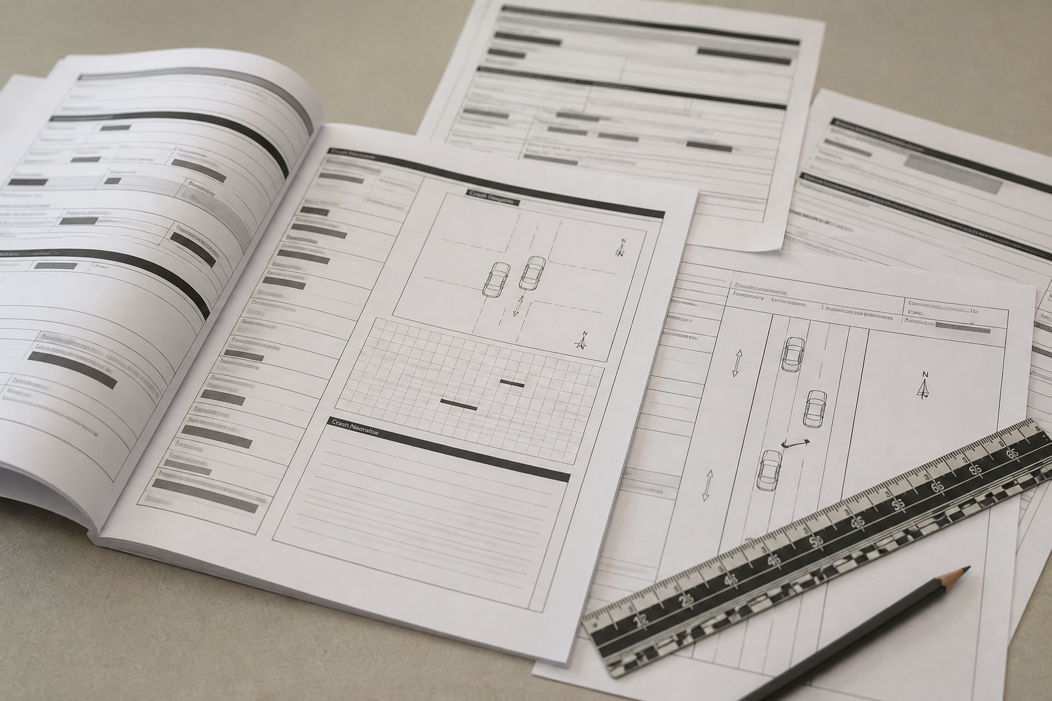 Generic crash-report and reconstruction records illustrating the evidence families may request after a Wabash County collision.
