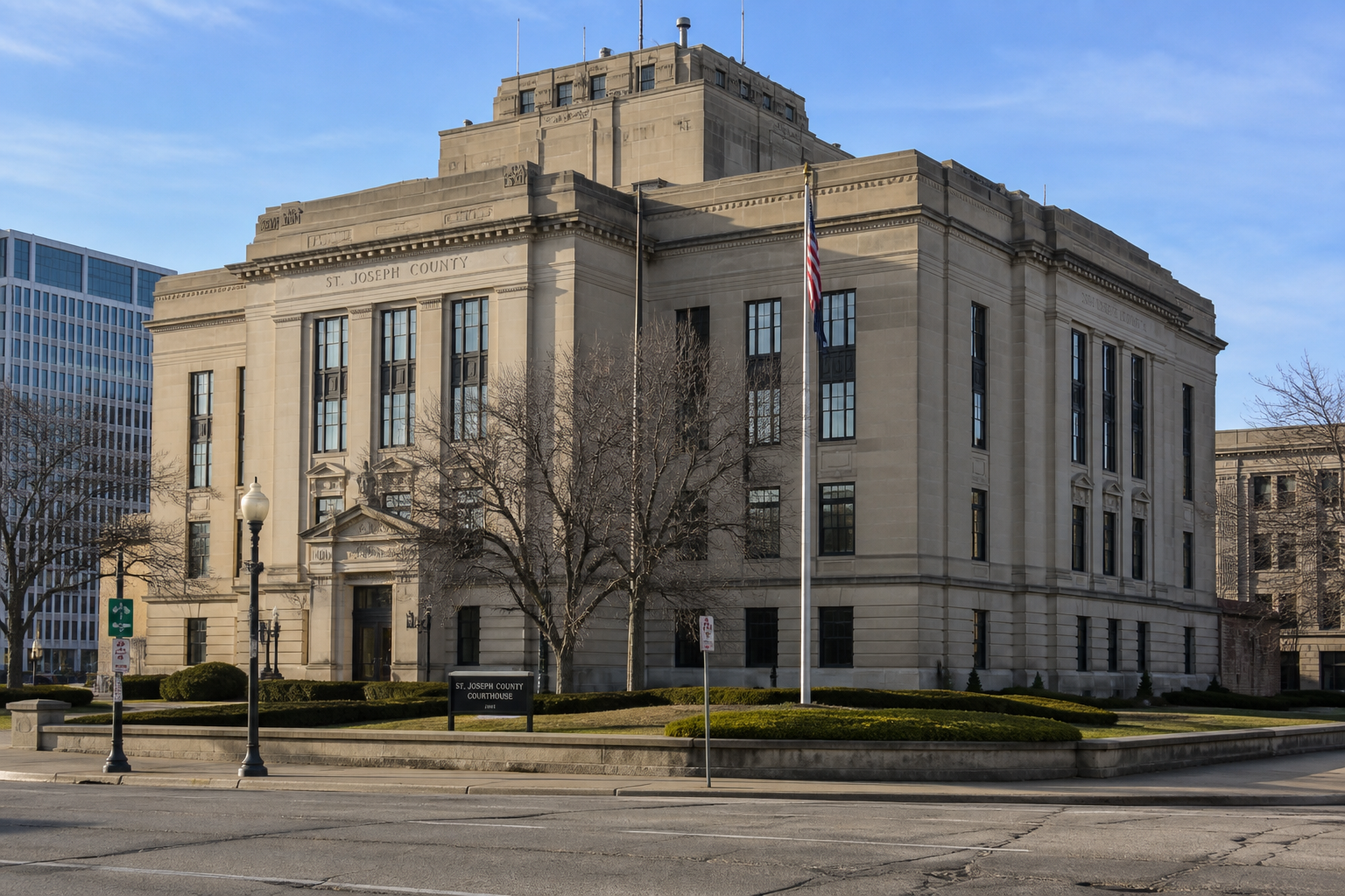 St. Joseph County courthouse in South Bend, representing the local court venue for an Indiana apartment fire injury claim.