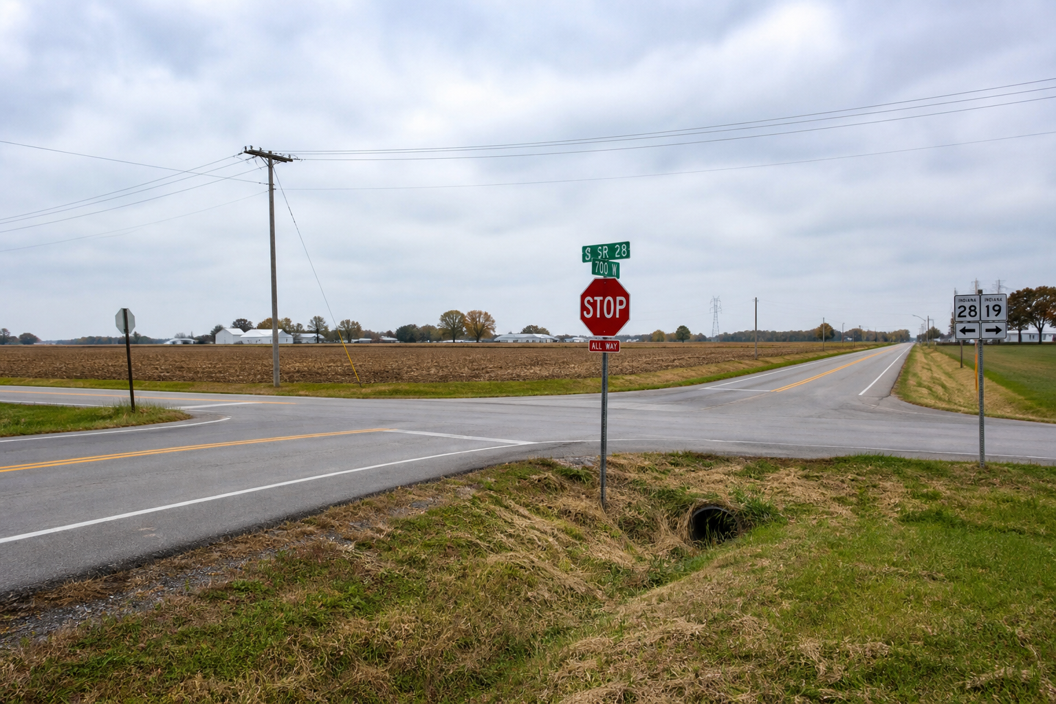 View of an Indiana county-road intersection illustrating sight lines relevant to the Elkhart County failure-to-yield crash.