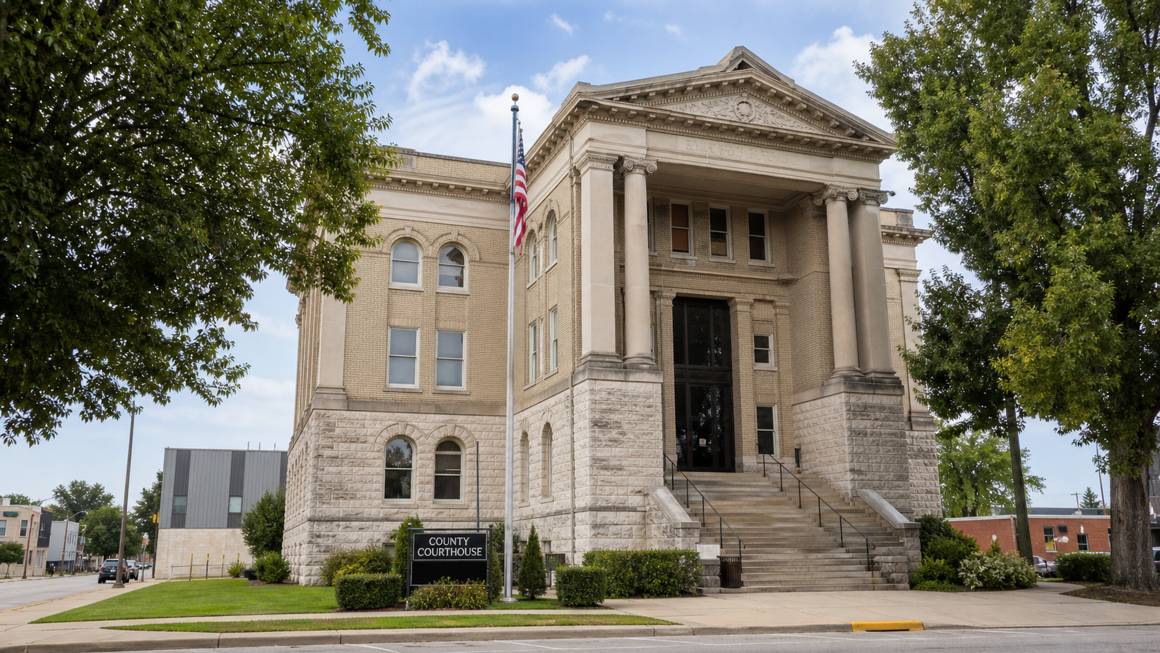 Indiana county courthouse exterior representing the court and filing issues that may follow a fatal crash in White County.