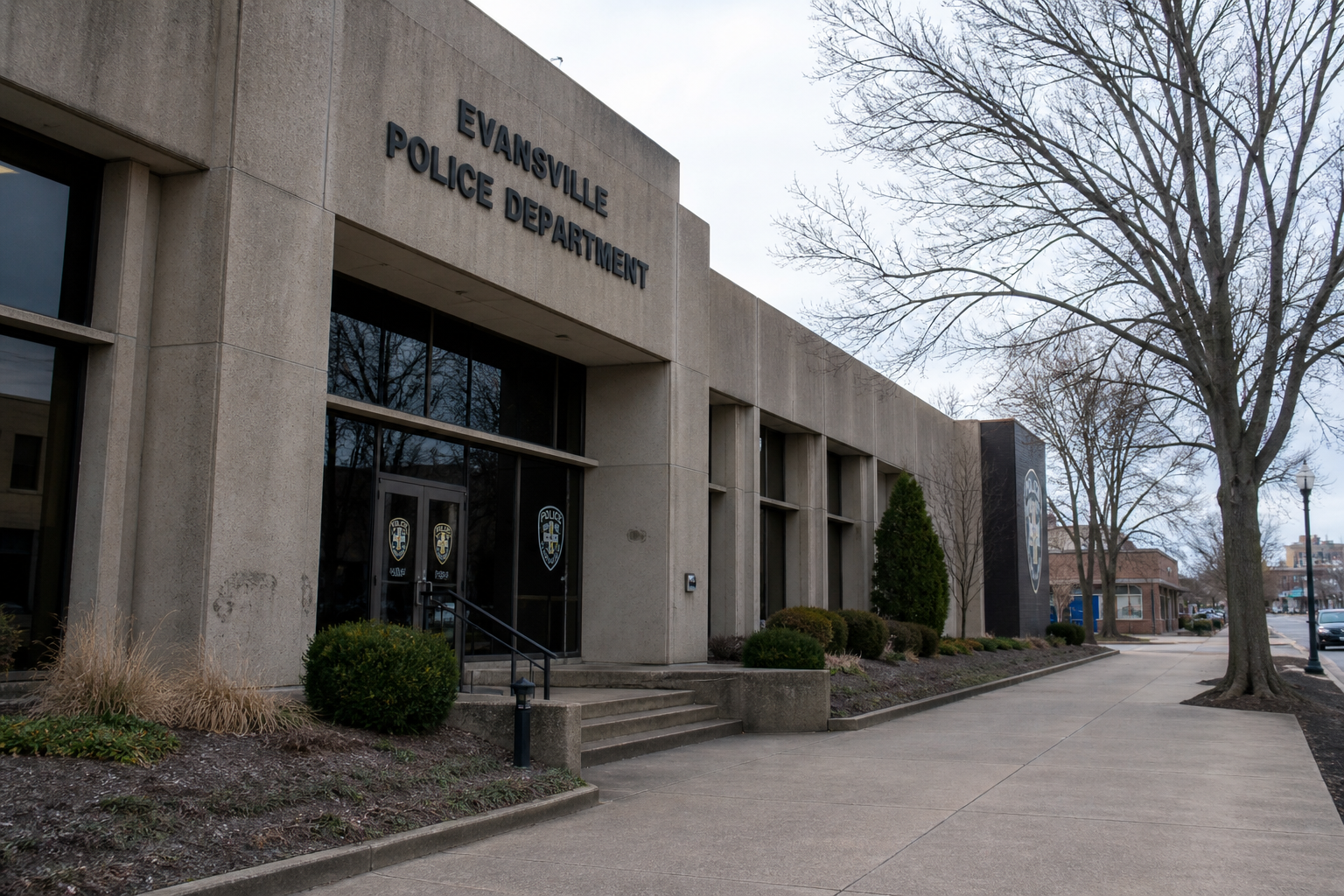 Police department exterior in Evansville, Indiana, representing the ongoing investigation into the reported South Green River Road hotel assault.