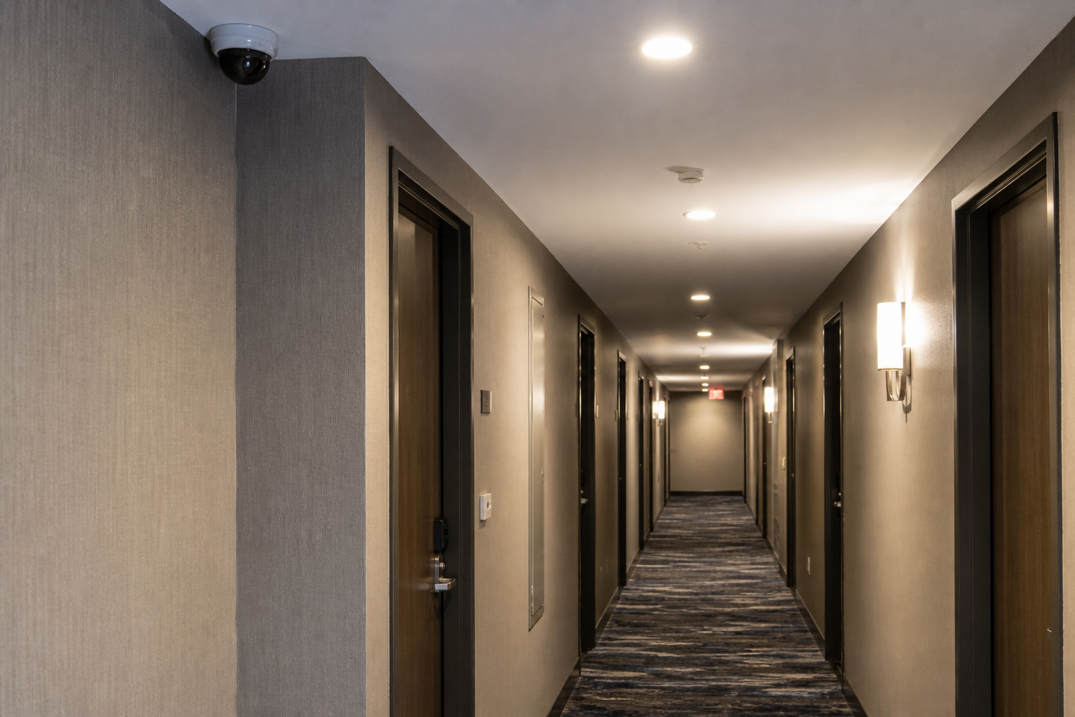 Generic hotel security camera and corridor illustrating the importance of preserving surveillance footage after an assault at an Evansville property.