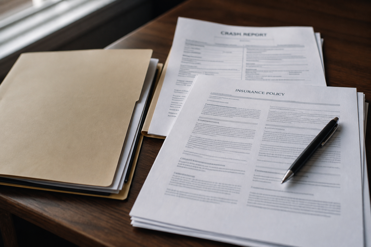 Crash report and insurance documents illustrating evidence and coverage review after a Washington County motorcycle crash.