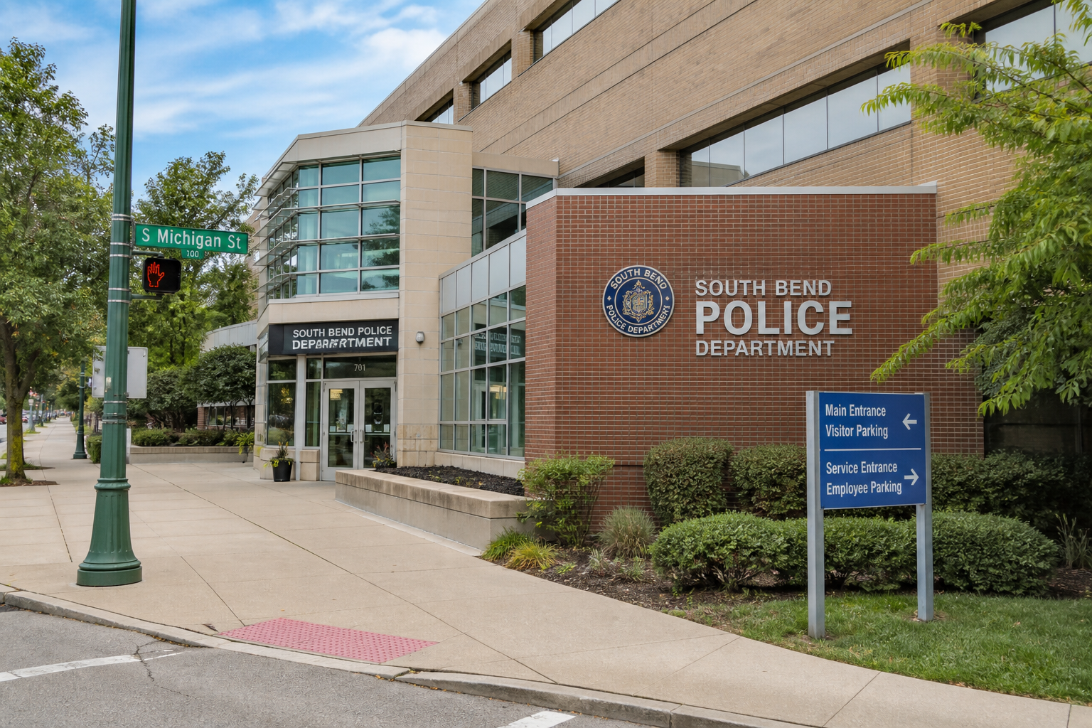 Police department exterior representing the South Bend investigation into the East Fox Street shooting injury.