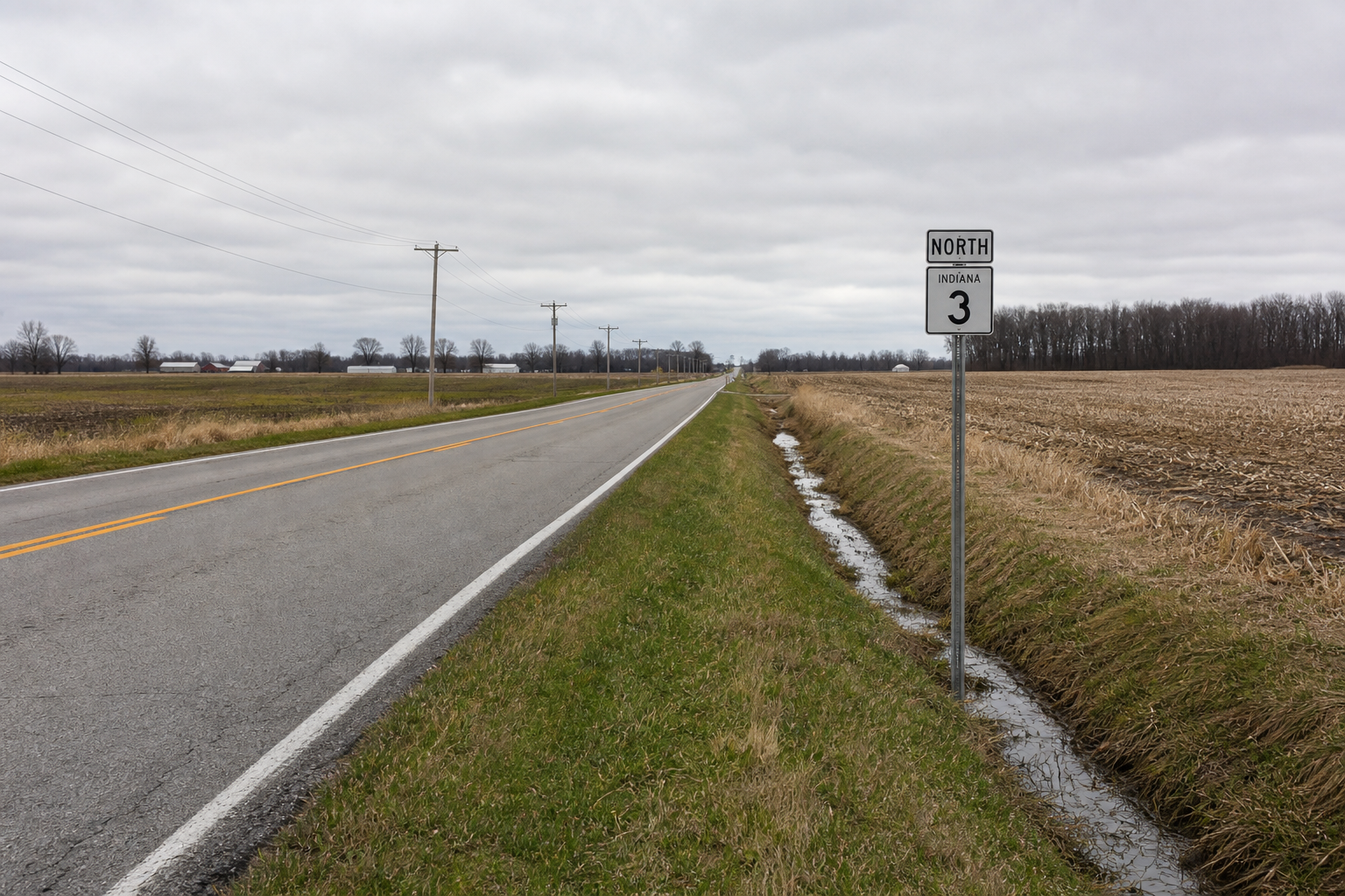 Rural State Road 8 scenery near Butler in DeKalb County, relevant to the reported rollover.