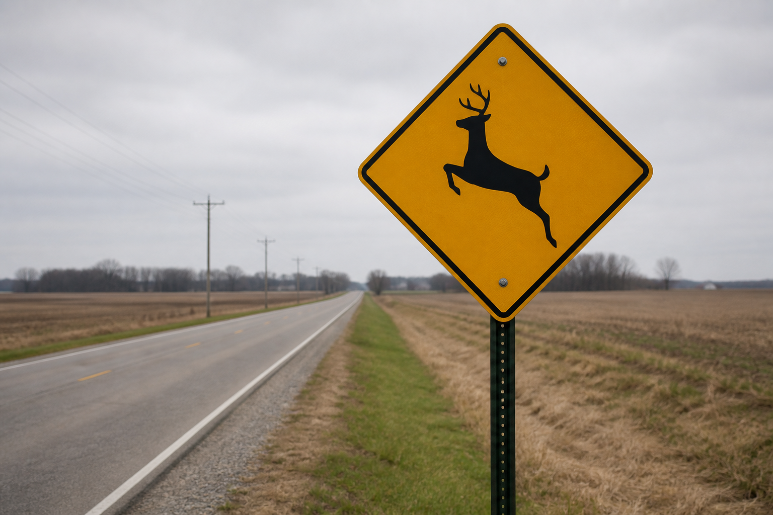 Deer-crossing warning sign beside a rural Indiana highway, illustrating deer-avoidance risks discussed after the DeKalb County crash.