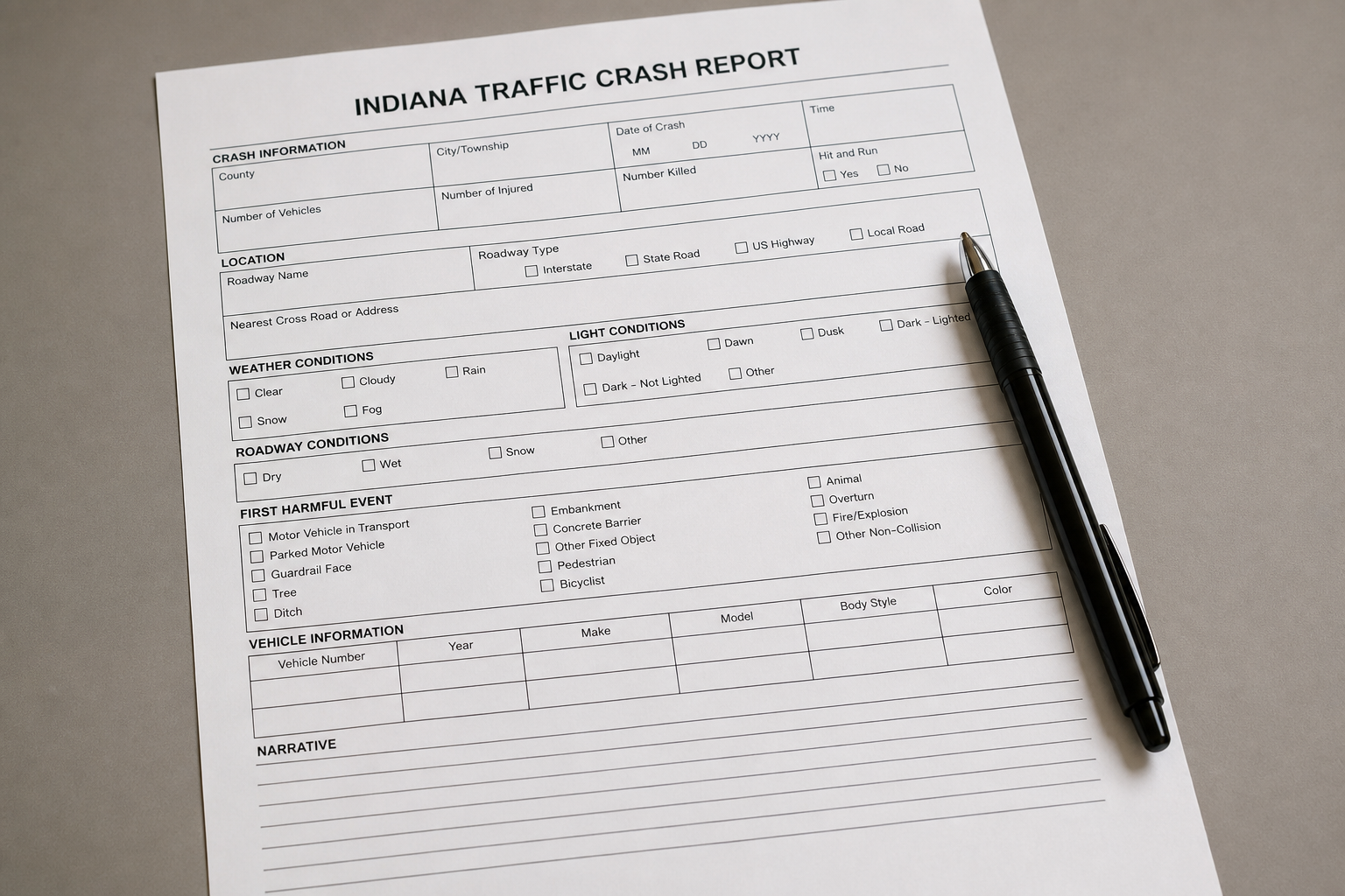 A generic Indiana crash-report document representing the records and evidence that may matter after a Vigo County motorcycle crash.