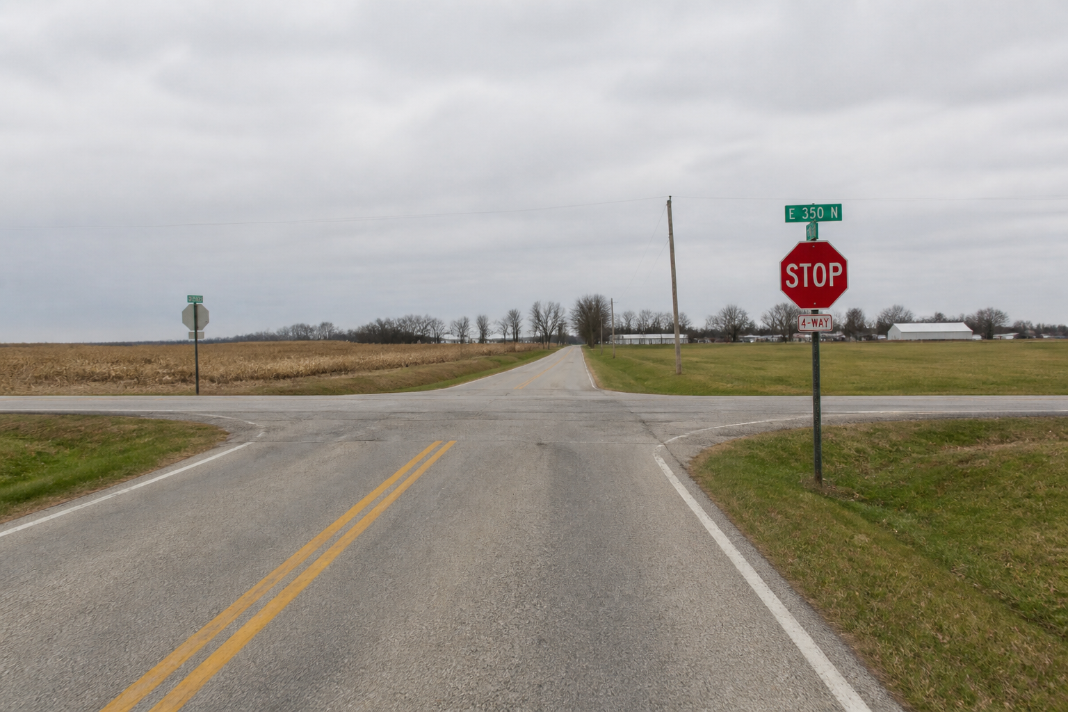 Stop sign and roadway approaches at a rural intersection near Leesburg, relevant to preserving scene and sight-distance evidence after a crash.