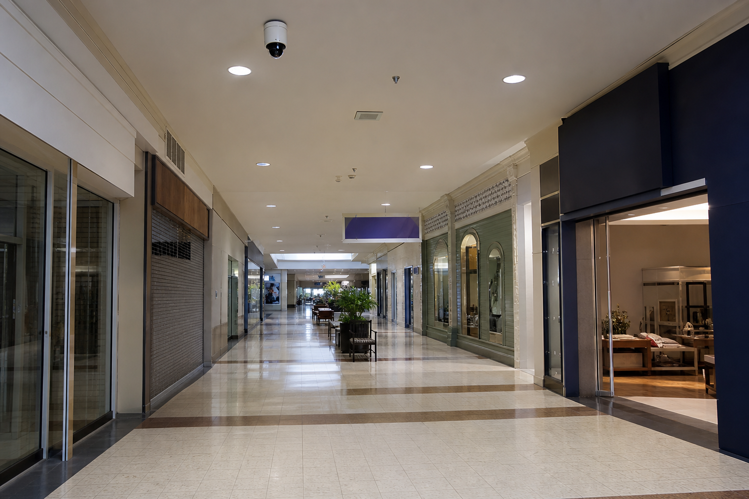 Indoor mall corridor and surveillance camera in Muncie, relevant to the reported security guard confrontation and the importance of preserving video evidence.