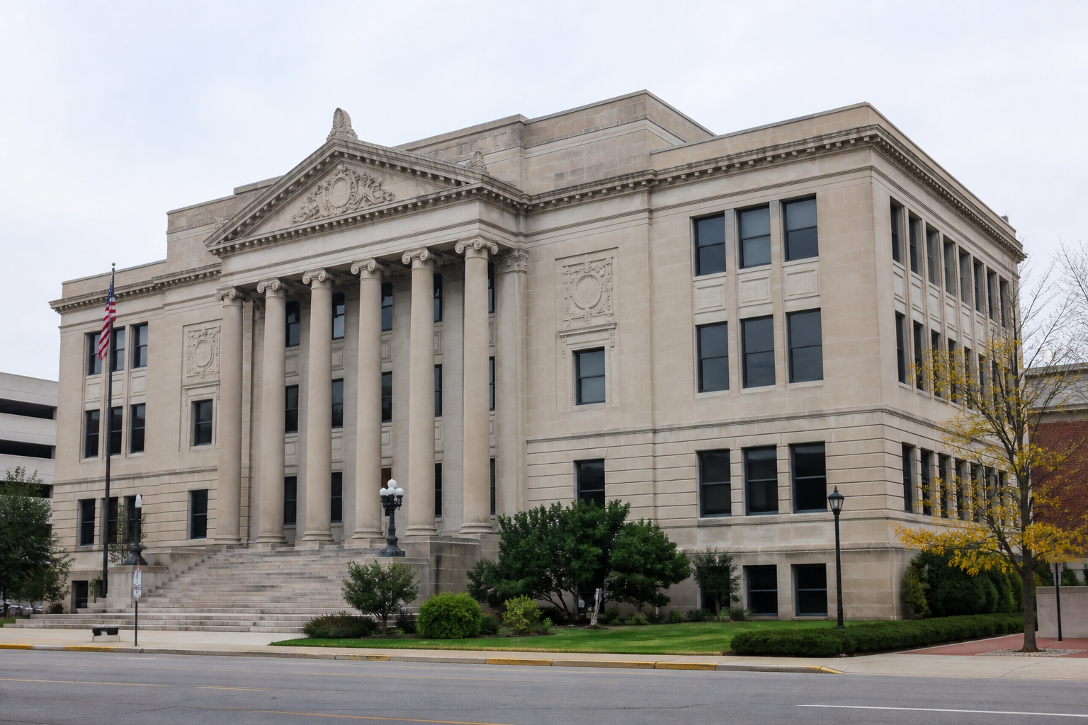 County courthouse setting in Muncie, Delaware County, relevant to the pending criminal allegations and possible Indiana civil claim issues.
