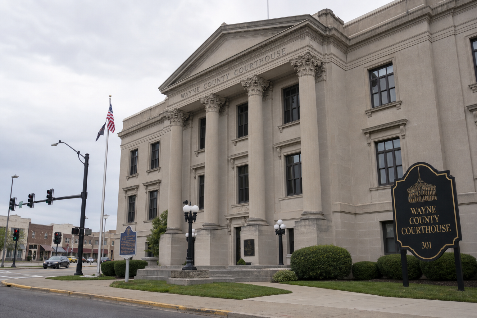 Wayne County courthouse in Richmond, Indiana, representing the separate civil and criminal proceedings that may follow an alleged assault.