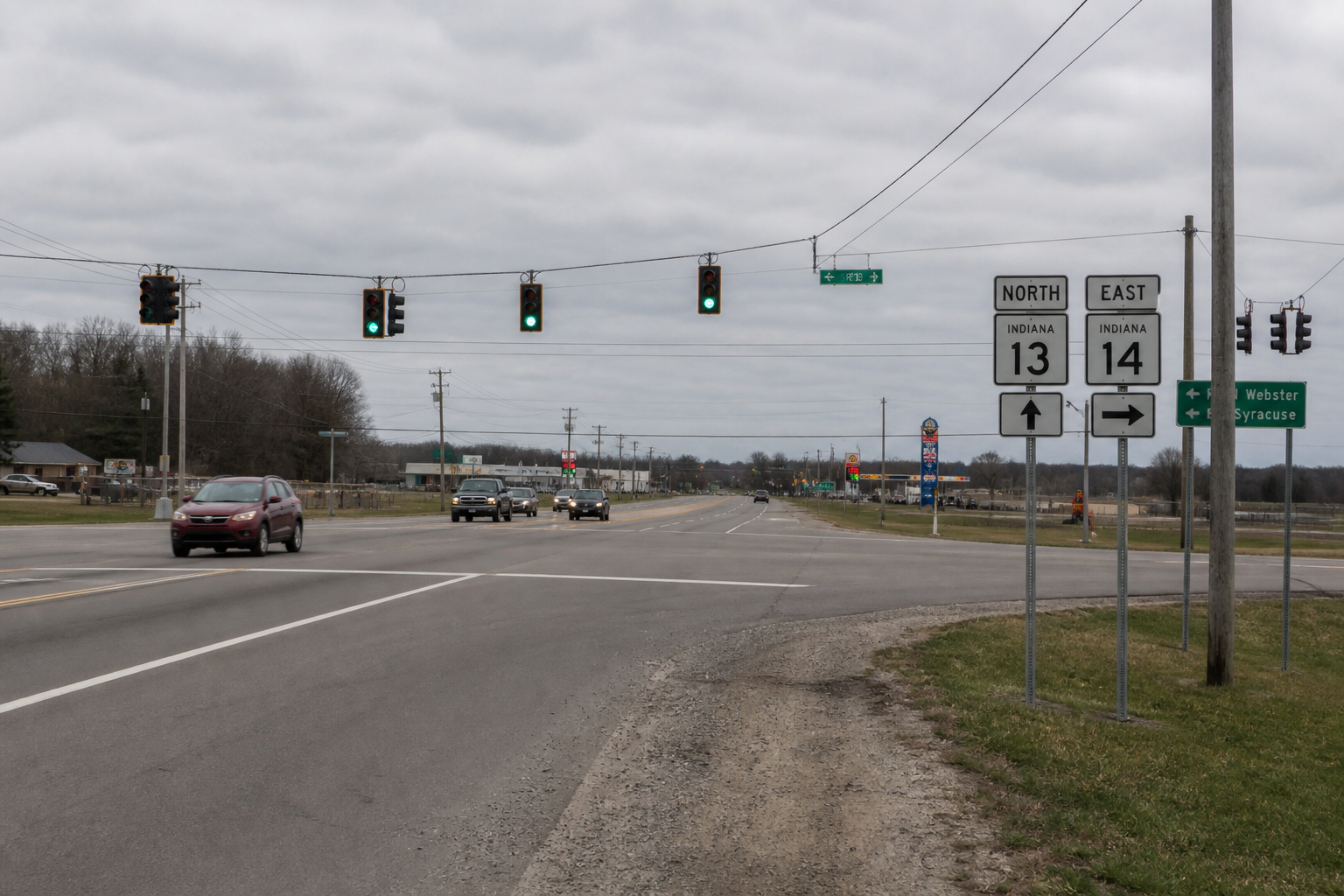 Road and traffic-signal setting near State Road 13 and County Road 500 North in Kosciusko County.