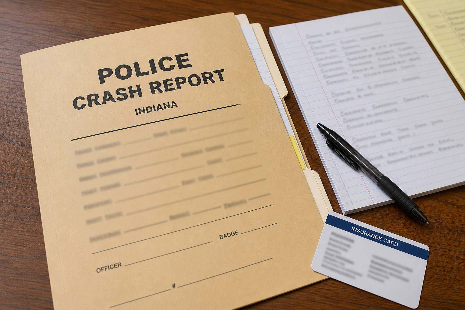 Crash report and insurance records representing evidence to preserve after a Warsaw, Indiana vehicle collision.