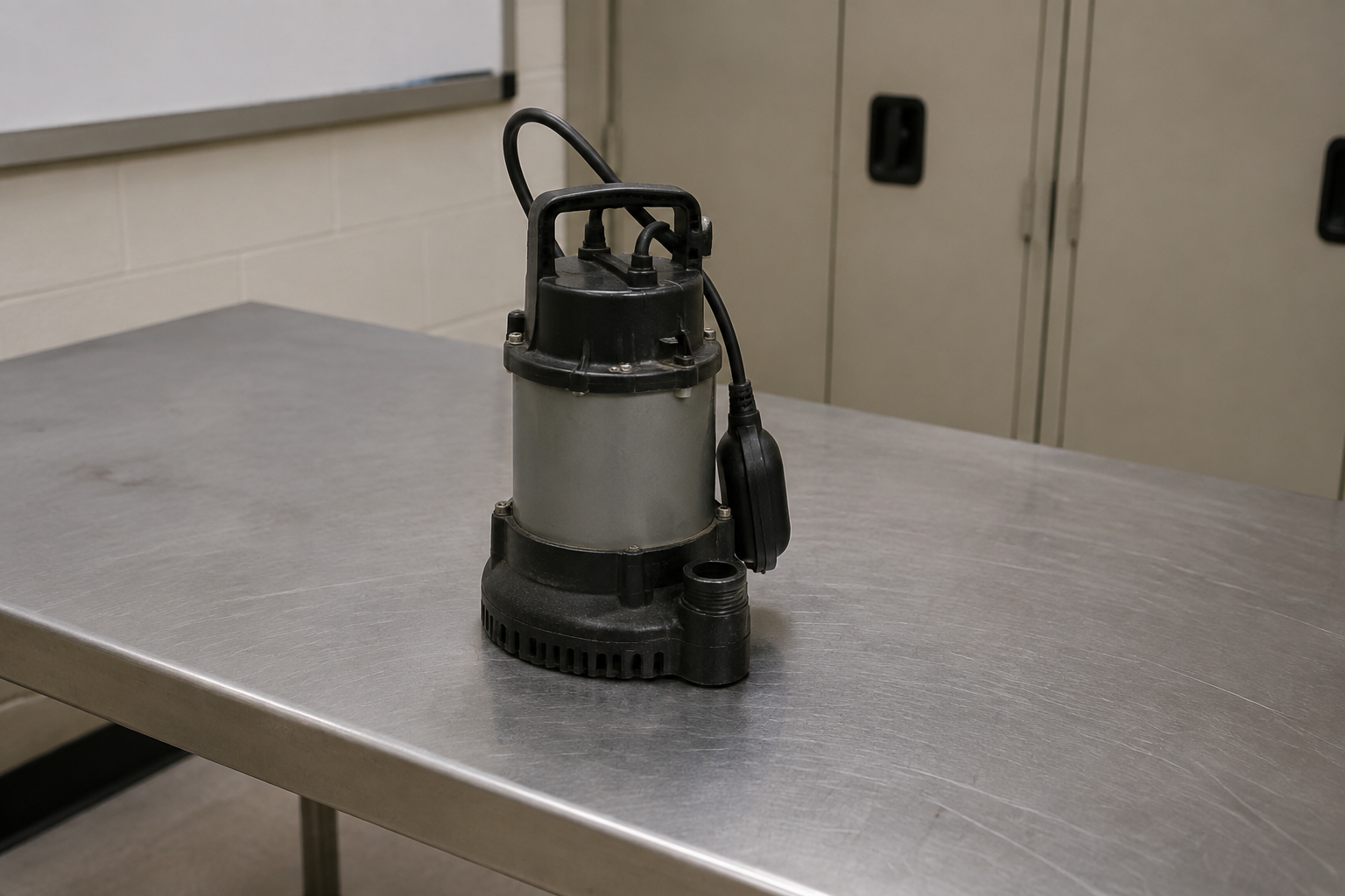 A submersible sump pump shown in a neutral examination setting, representing the equipment under review in the LaPorte County electrocution investigation.