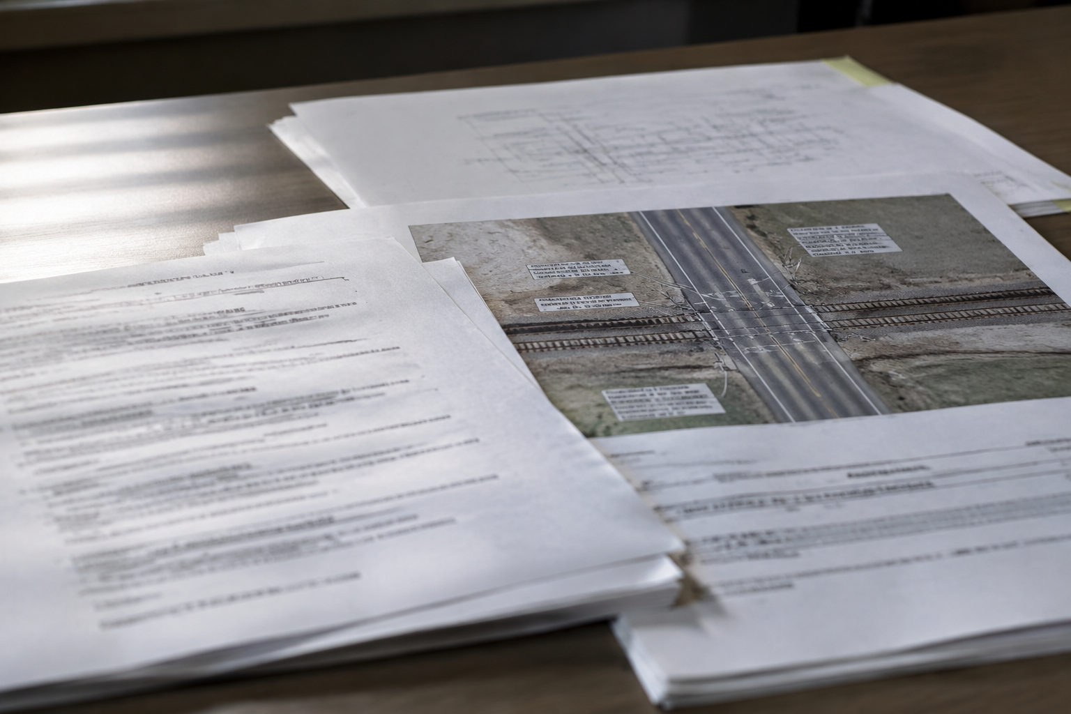 Public-records documents and a crossing diagram representing the report and evidence involved in the Gibson County train and tractor collision.