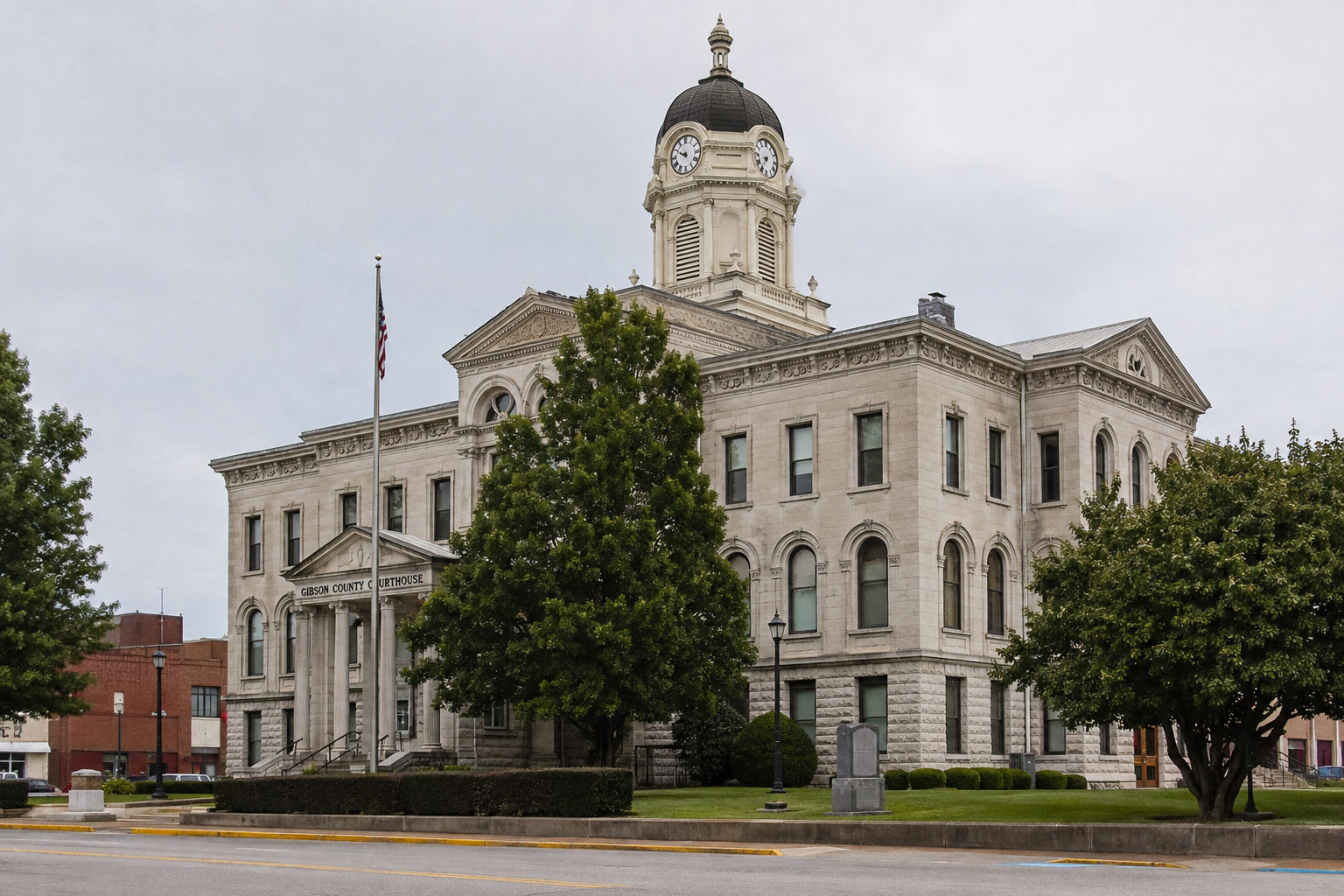 Gibson County courthouse exterior, representing the local venue and government notice issues that may arise after the Owensville crossing collision.