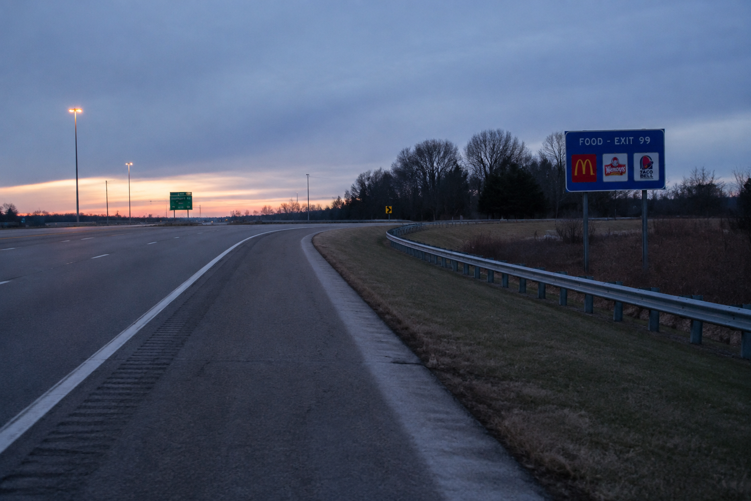 Exit ramp near Greenwood showing the roadway features relevant to the I-65 Main Street rollover report.