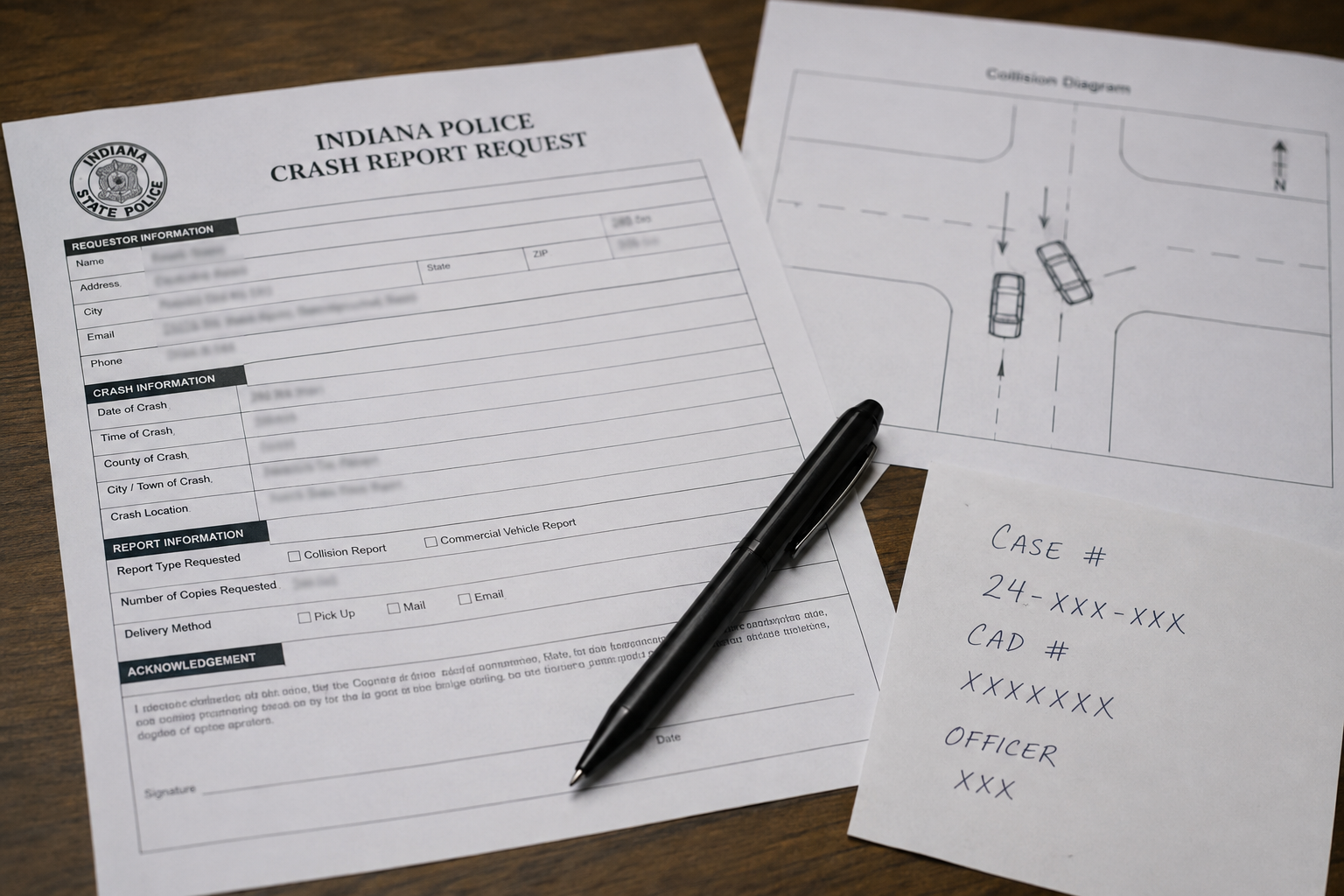 Crash report paperwork illustrating evidence and records that may matter after an Indiana highway crash.