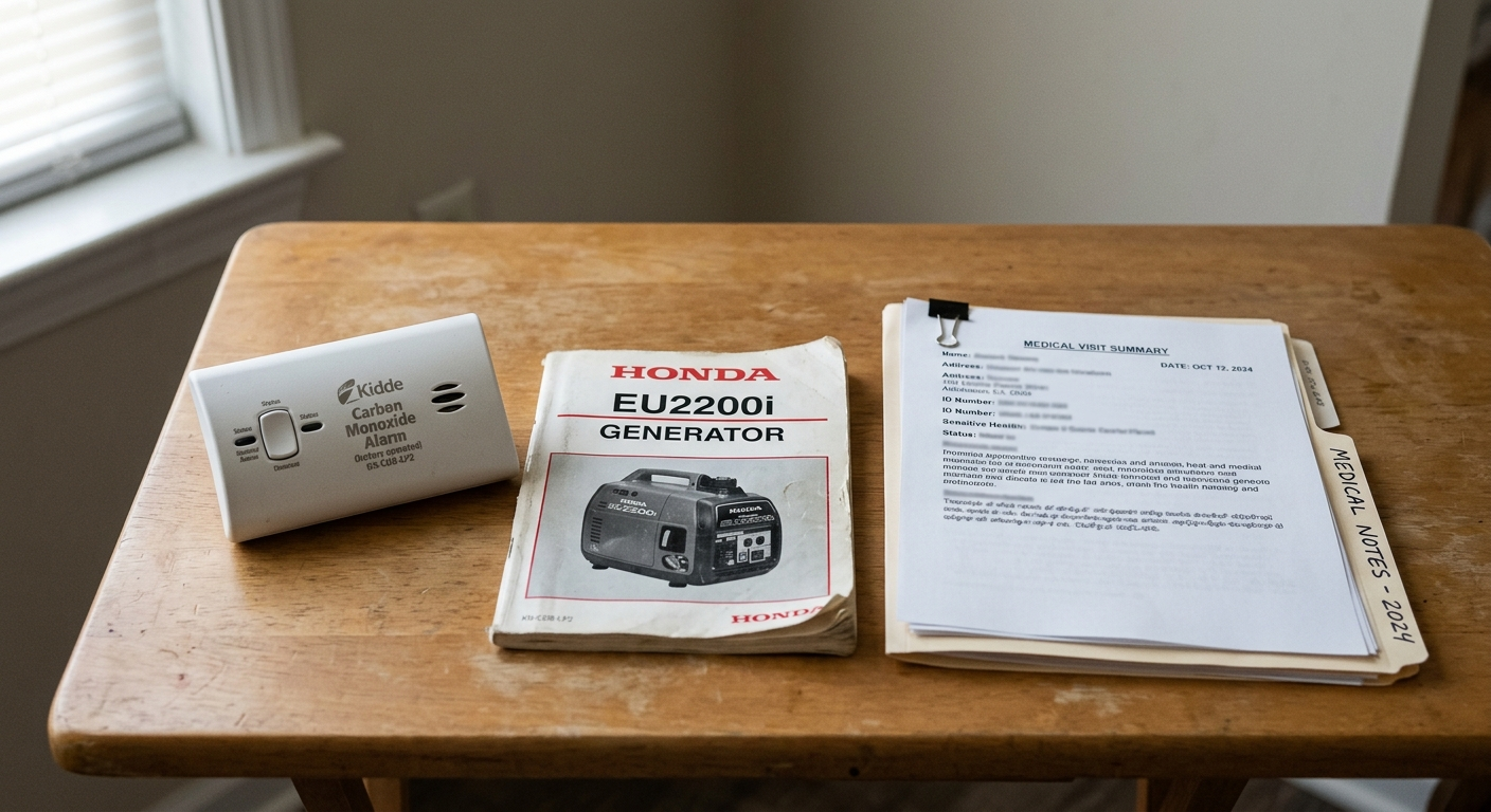 Carbon monoxide detector and organized records illustrating evidence that may matter after an Evansville carbon monoxide exposure.