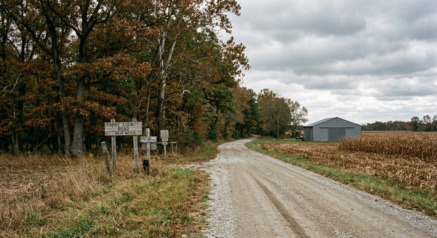 A rural Parke County roadway near Mecca, where public reports say a pedestrian was struck after a chain-reaction collision.