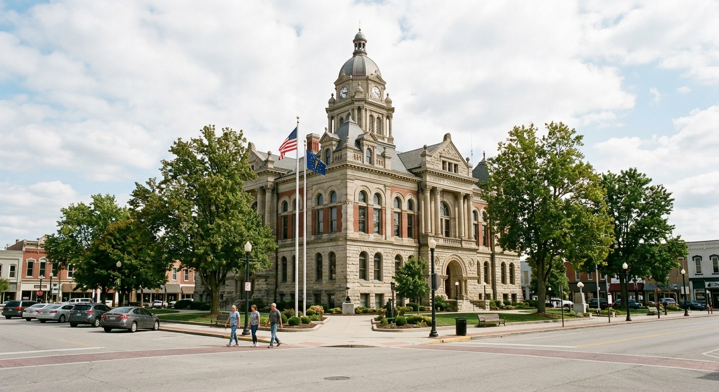 An Indiana county courthouse exterior representing the legal and insurance questions that can follow a serious Parke County pedestrian crash.
