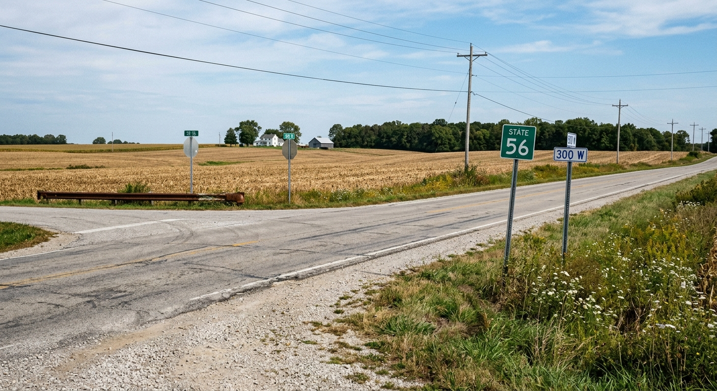 A rural highway intersection in Pike County, reflecting the State Road 64 setting discussed in the crash report.