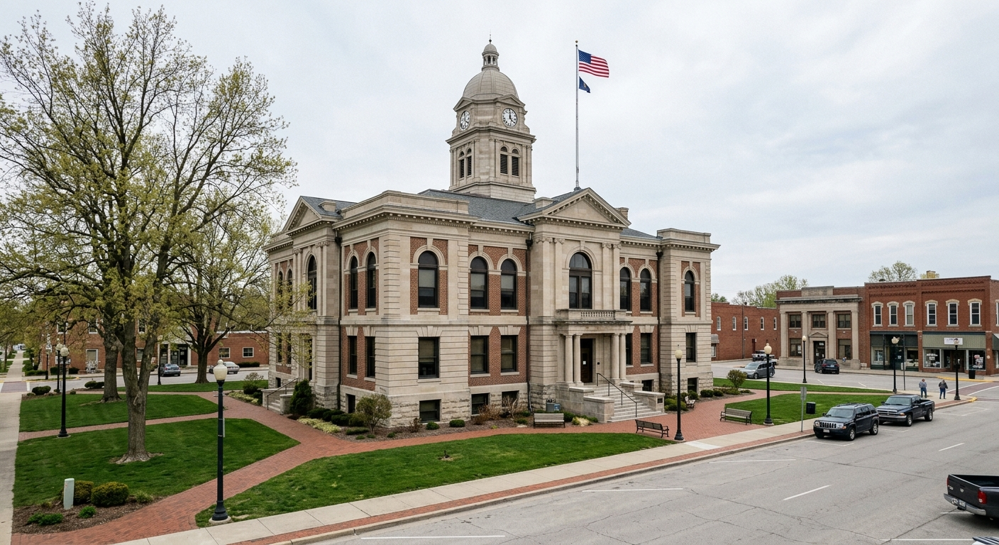 An Indiana county courthouse exterior representing the Pike County legal and records issues that may follow a fatal collision.