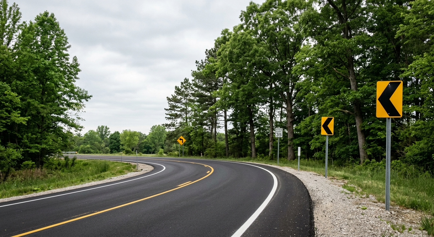 An empty wooded highway curve in Greene County, showing the type of roadway where the U.S. 231 motorcycle crash was reported.