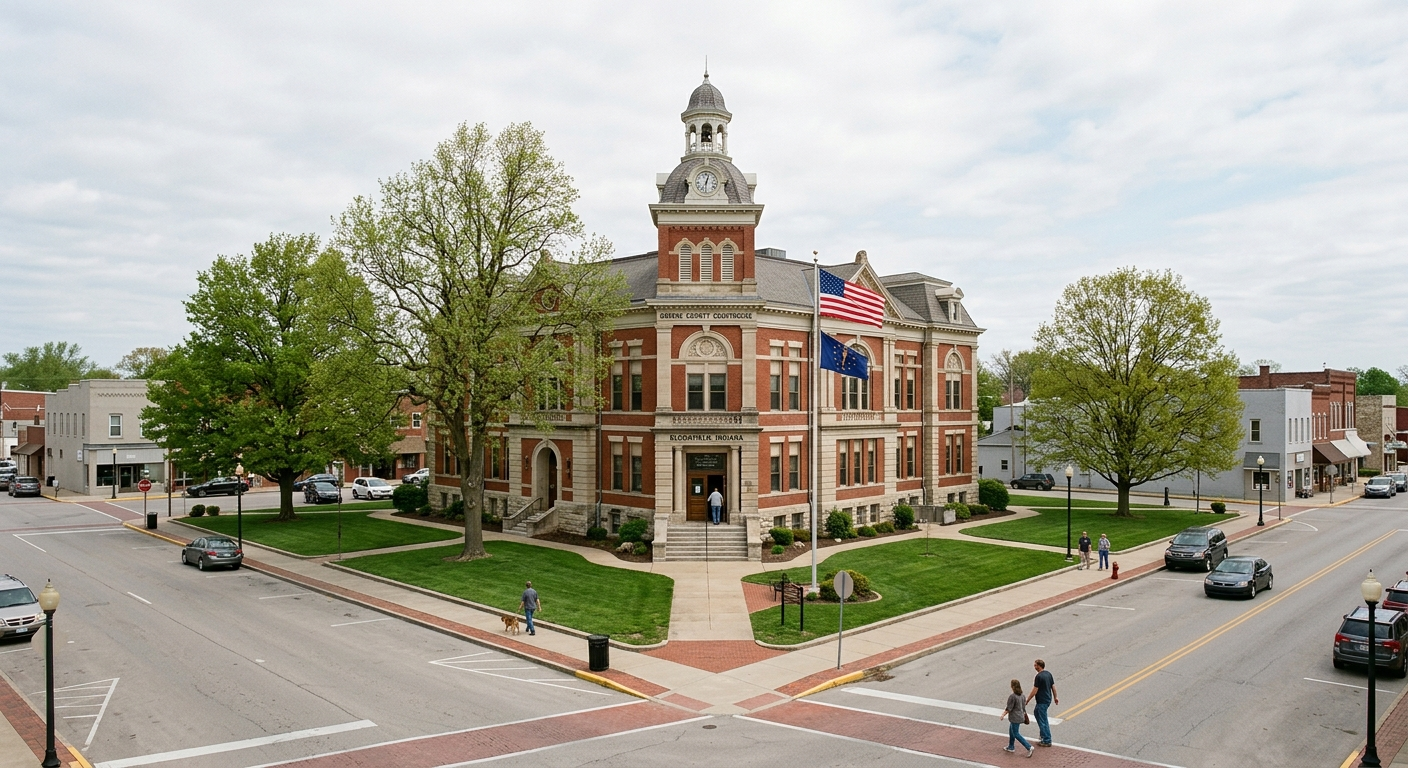 Greene County courthouse in Bloomfield, representing the local records and legal setting connected with the U.S. 231 crash investigation.