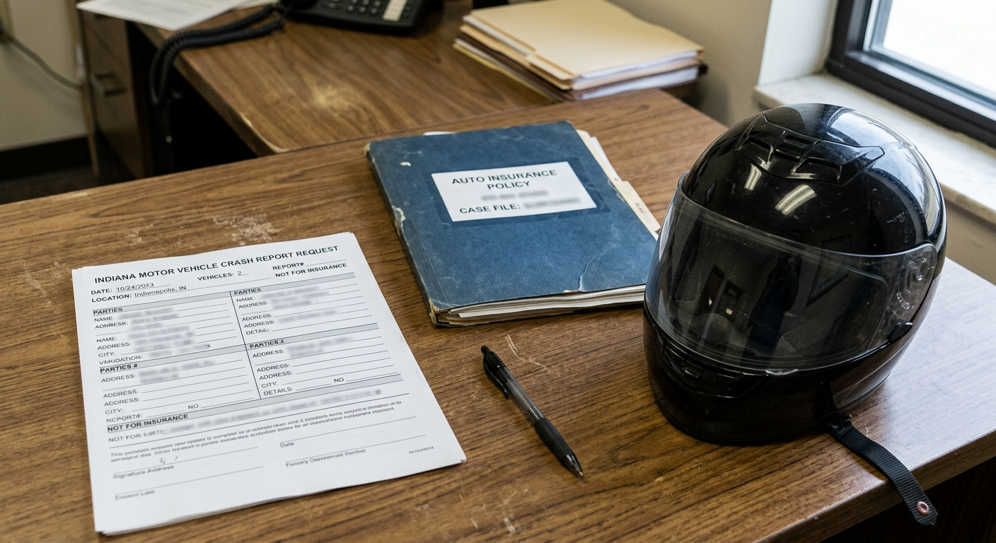 Crash-report and insurance documents beside motorcycle gear, illustrating evidence and coverage review after a Greene County motorcycle crash.