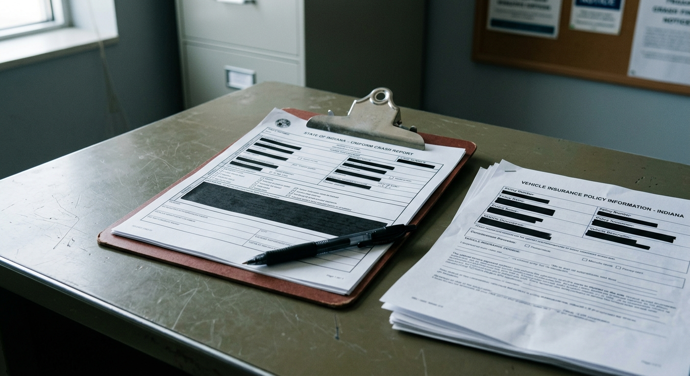 Crash-report and insurance documents representing evidence reviewed after a Marshall County semi collision.