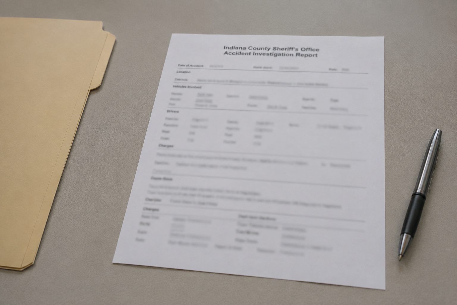 Generic sheriff’s accident-report paperwork illustrating the importance of obtaining the Gibson County crash report.