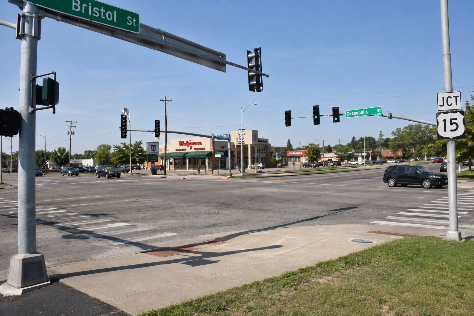 Street-level view of Bristol Street and Cassopolis Street in Elkhart, the location of the reported police-pursuit crash.