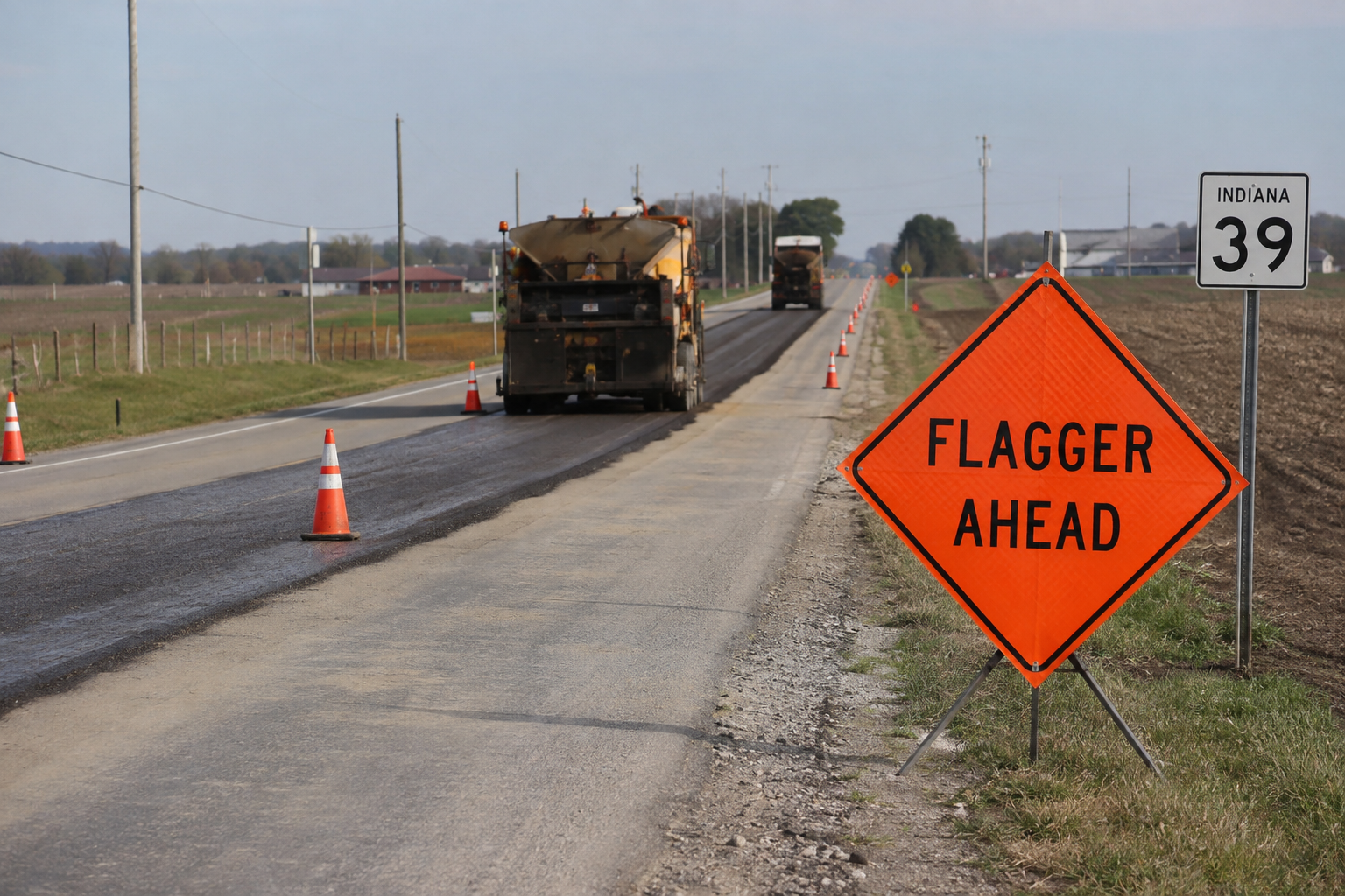Indiana highway work-zone signage and chip-and-seal equipment illustrating the State Road 18 crash setting in Benton County.