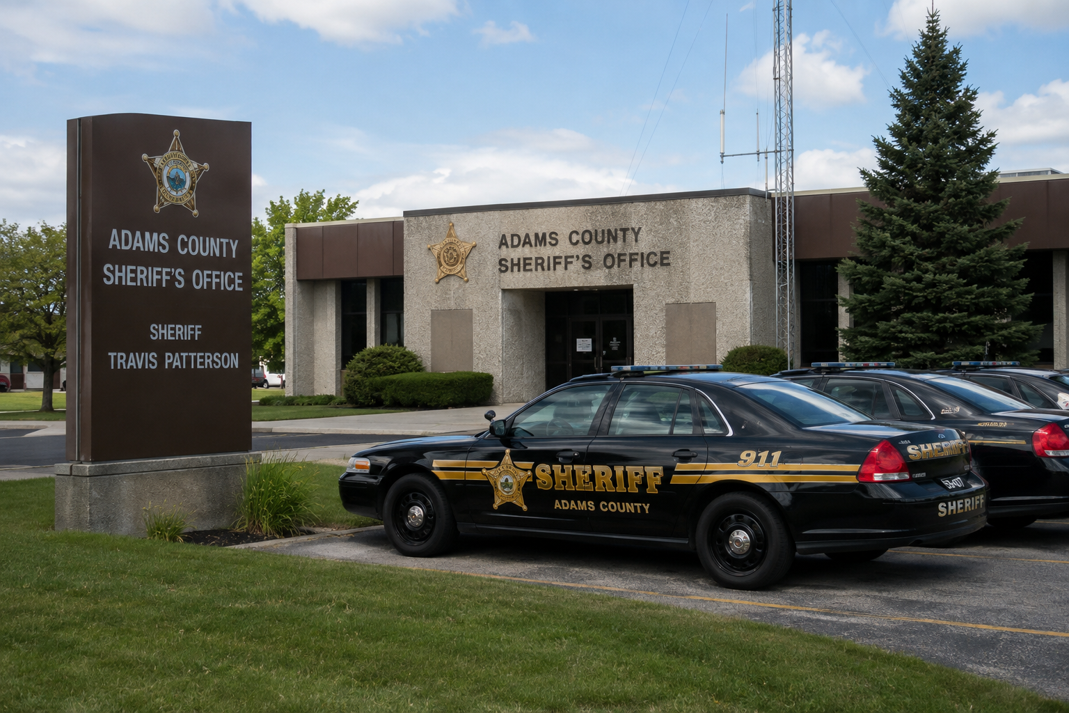 Adams County law enforcement office exterior representing the agency investigating the U.S. 224 box truck rollover.