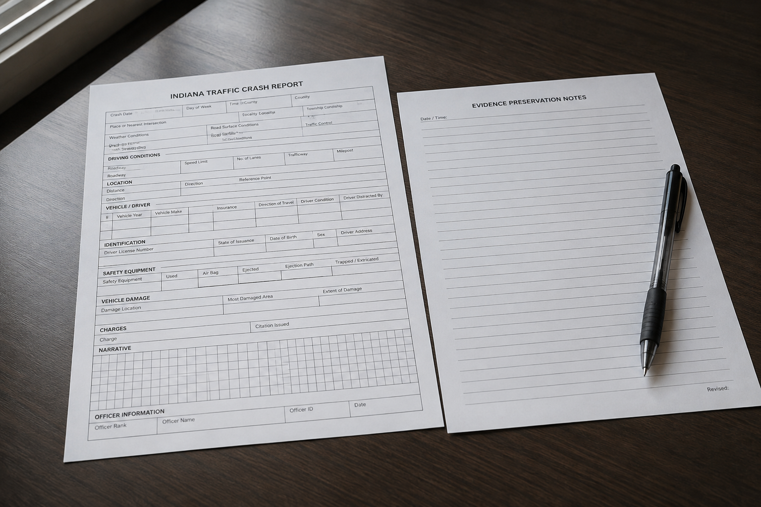Crash-report and evidence-preservation documents illustrating records that may matter after an Adams County commercial vehicle crash.