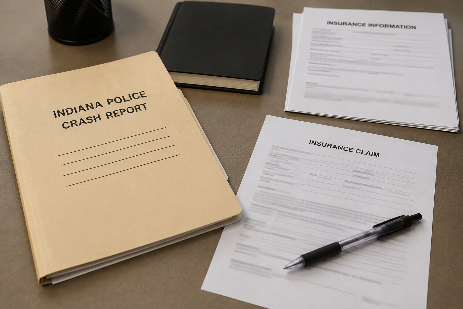 Crash-report and insurance documents representing evidence that may matter after an Allen County rear-end collision.
