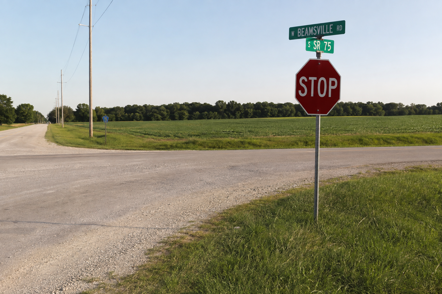 A stop-controlled rural intersection in Boone County, illustrating the setting of the reported school bus collision.