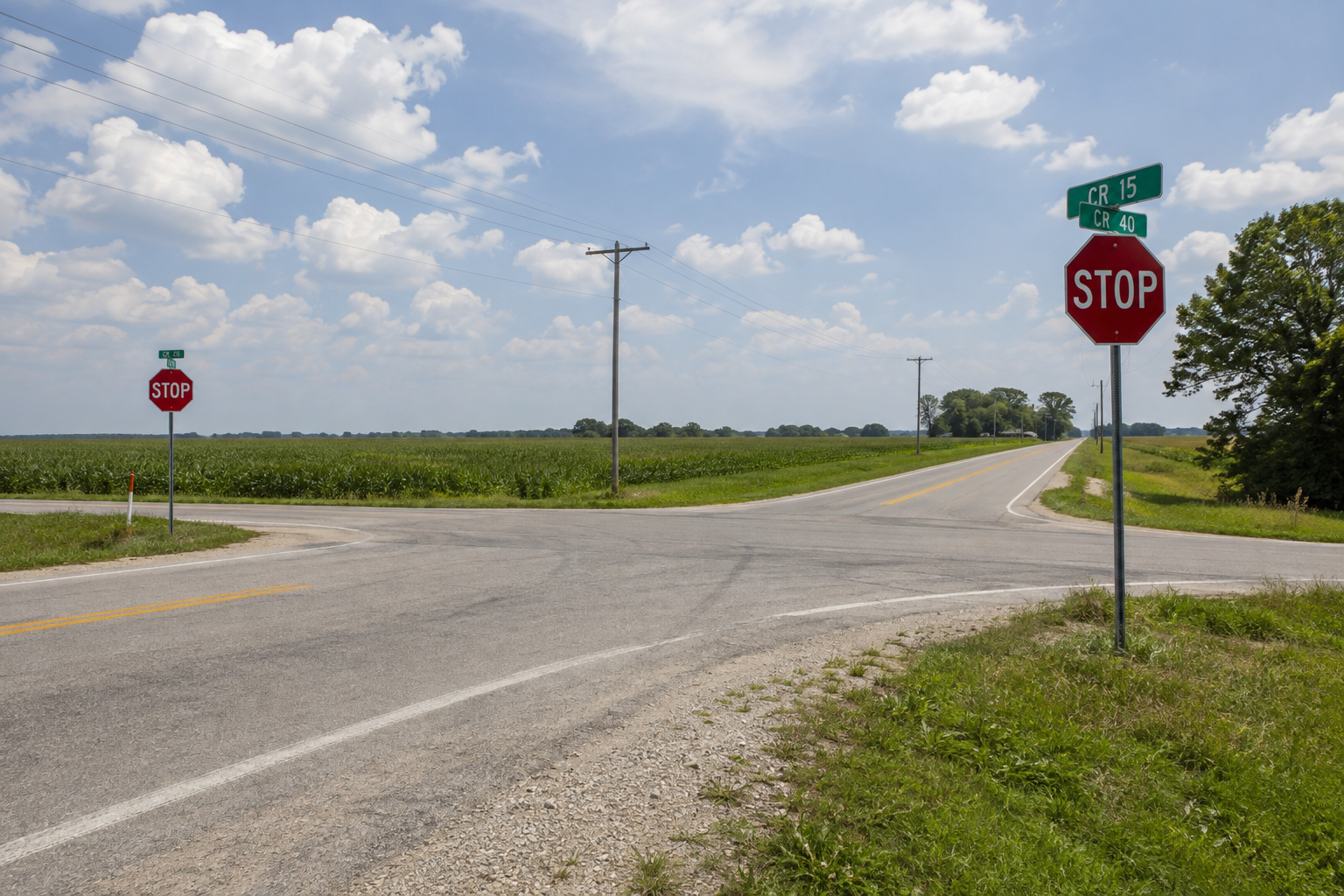 Rural stop-sign intersection in Elkhart County illustrating the sight-line and signage evidence that can matter after a crash.