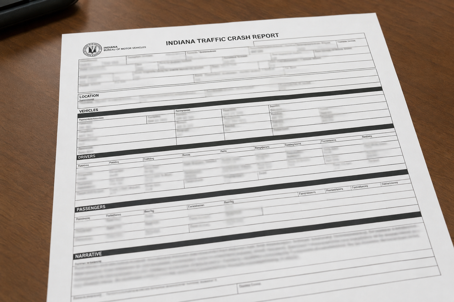 Indiana crash-report paperwork illustrating the records drivers may request after an Elkhart County collision.