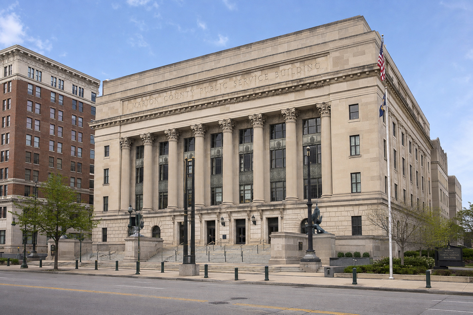 Marion County courthouse exterior in Indianapolis, where a related Indiana civil case would ordinarily be filed.
