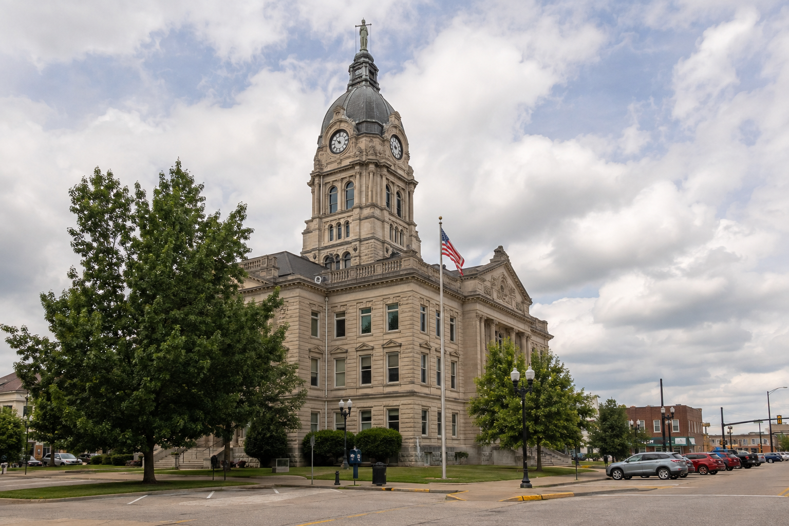 An Indiana county courthouse exterior representing the legal and filing issues that may follow a Parke County motorcycle injury crash.