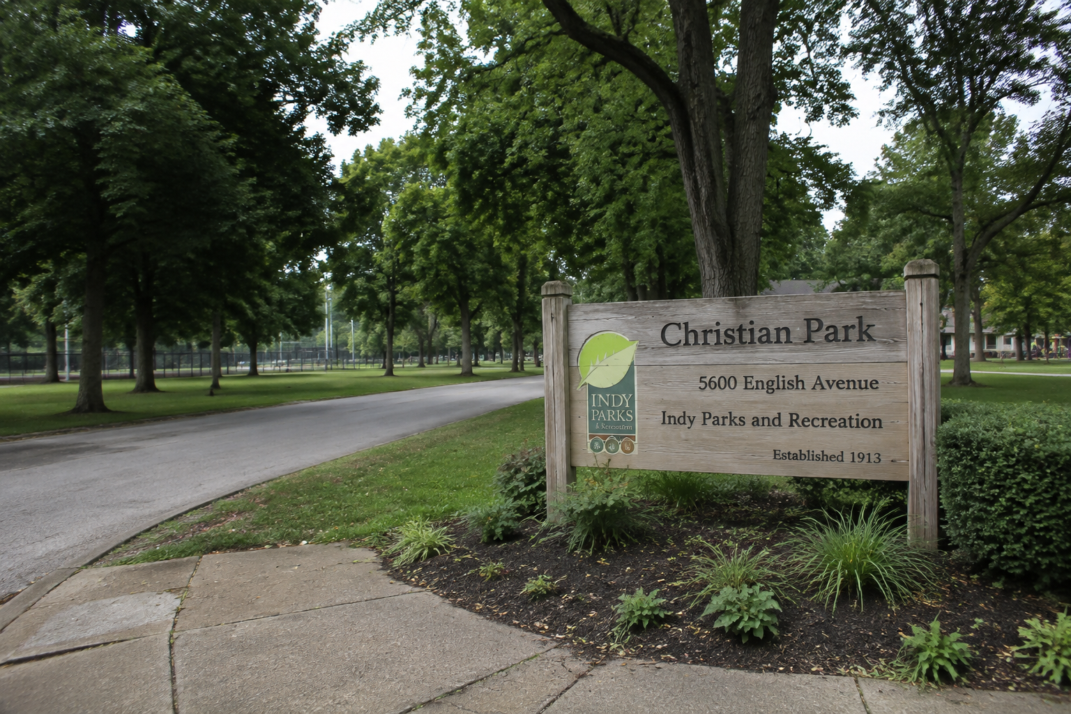 Entrance to a public park in Indianapolis, providing context for the reported Stout Field Park shooting and subsequent charges.