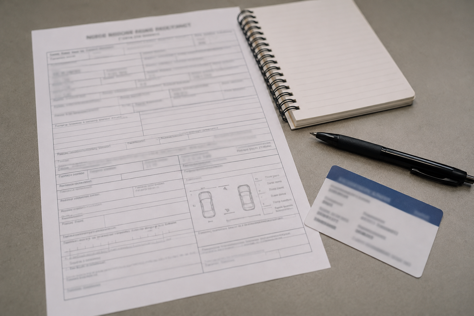 Crash report and insurance documents represent evidence preservation after an Indianapolis motorcycle collision.