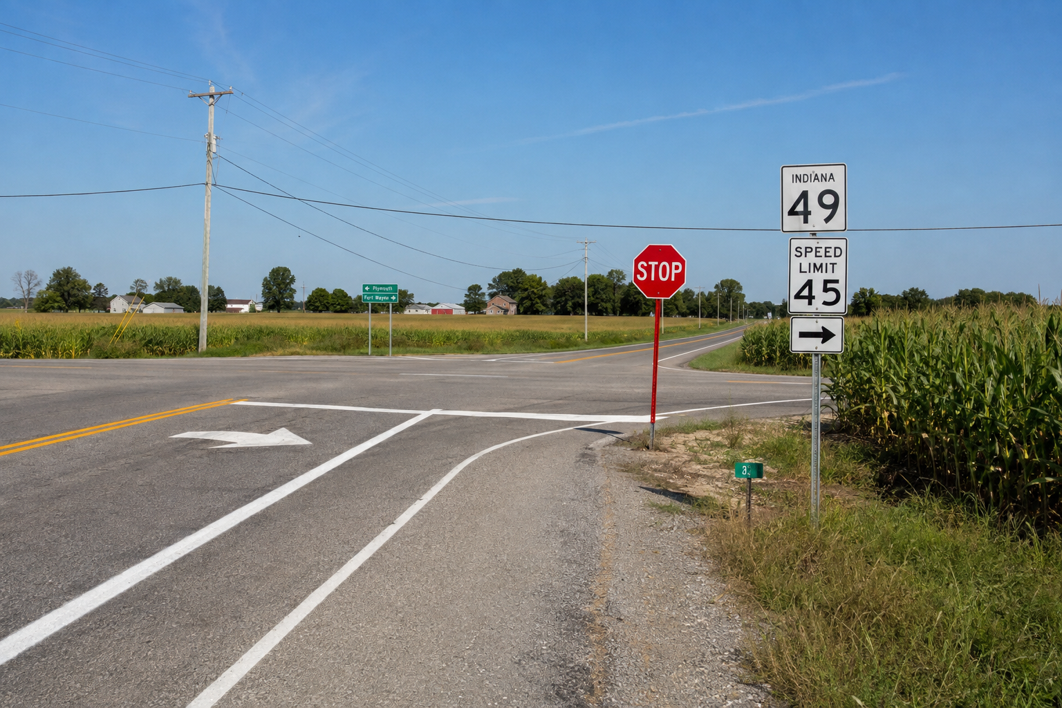 A rural state highway intersection in Elkhart County illustrating the roadway setting of the State Road 13 motorcycle crash.
