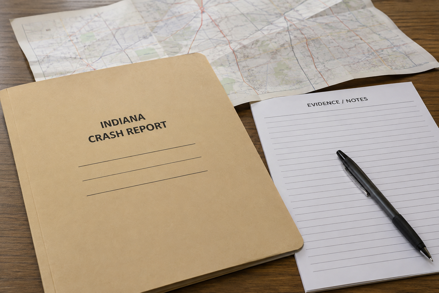 Crash report and evidence notes representing the ongoing Elkhart County motorcycle crash investigation.