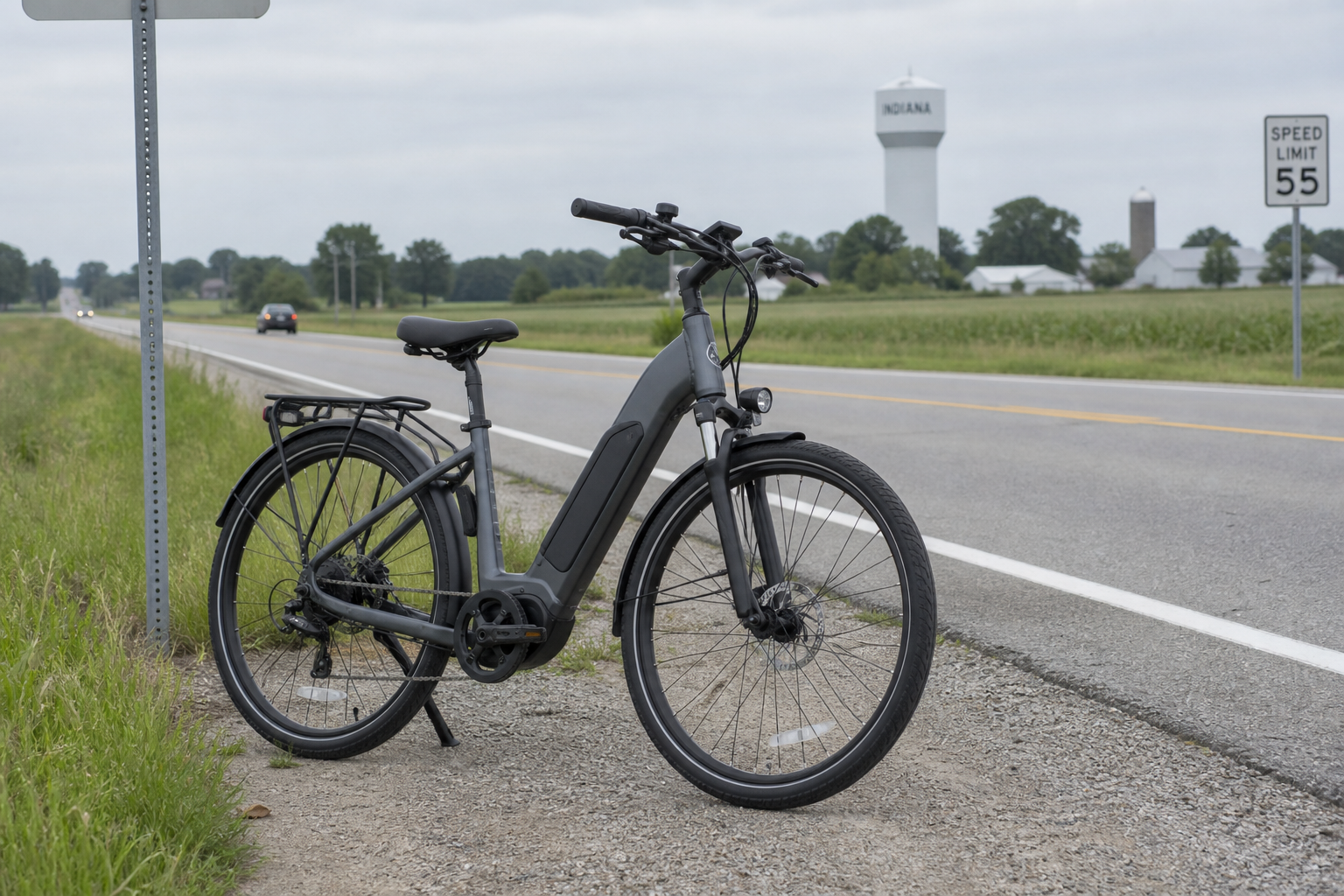 Electric bicycle near an Indiana roadway, illustrating the type of bicycle involved in the Elkhart County collision and the importance of preserving evidence.